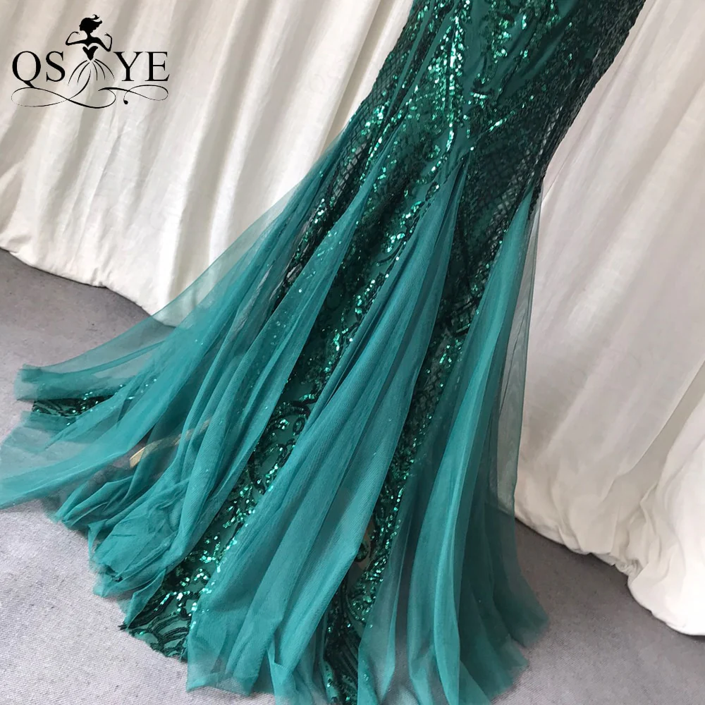 One Shoulder Emerald Evening Dresses Green Sequined Long Mermaid Prom Gown Glitter Elegant Party Dress Pattern Lace Formal Dress - Image 6