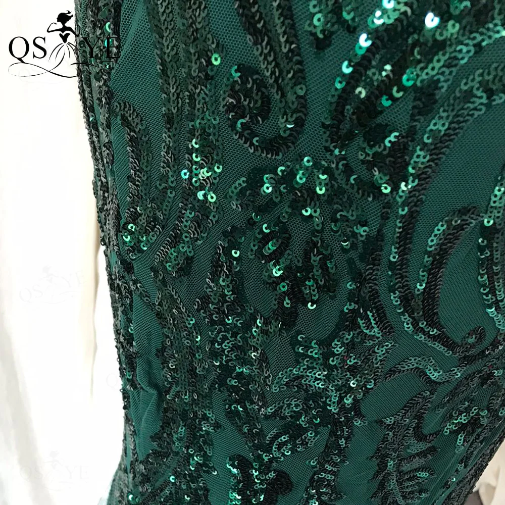 One Shoulder Emerald Evening Dresses Green Sequined Long Mermaid Prom Gown Glitter Elegant Party Dress Pattern Lace Formal Dress - Image 7