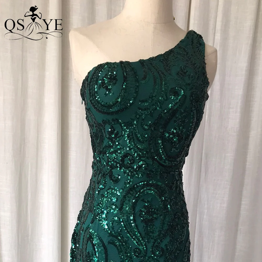 One Shoulder Emerald Evening Dresses Green Sequined Long Mermaid Prom Gown Glitter Elegant Party Dress Pattern Lace Formal Dress - Image 8