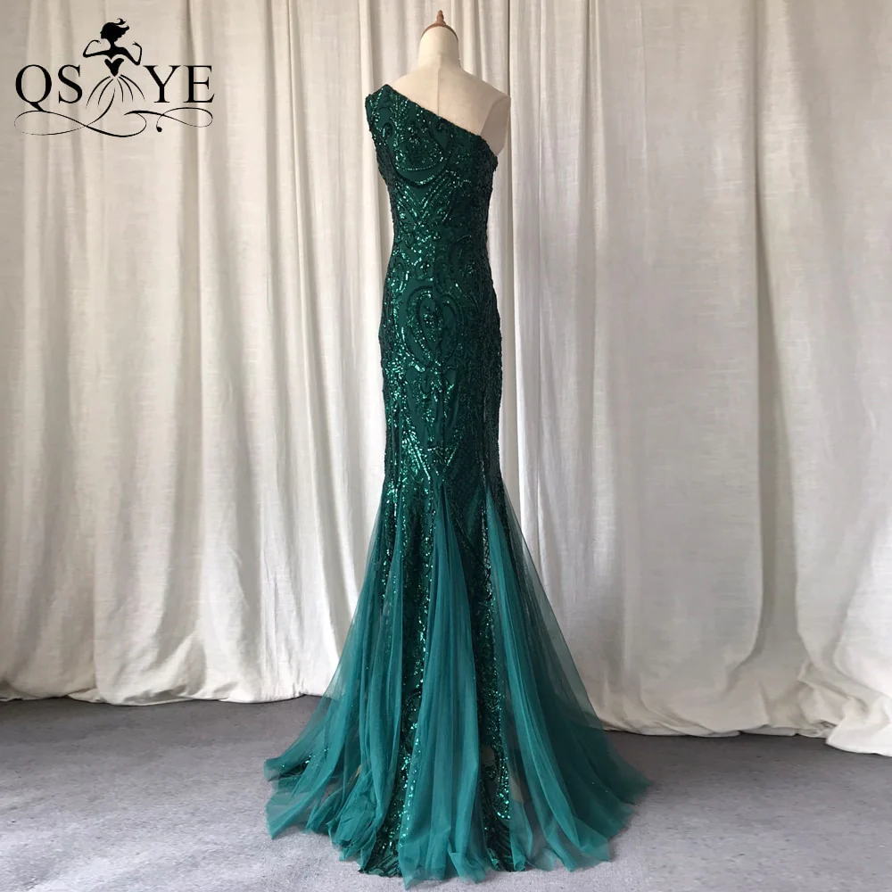One Shoulder Emerald Evening Dresses Green Sequined Long Mermaid Prom Gown Glitter Elegant Party Dress Pattern Lace Formal Dress - Image 9