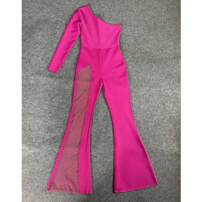 One-Shoulder Long-Sleeve Small Horn Sexy See-through Jumpsuit - Image 7