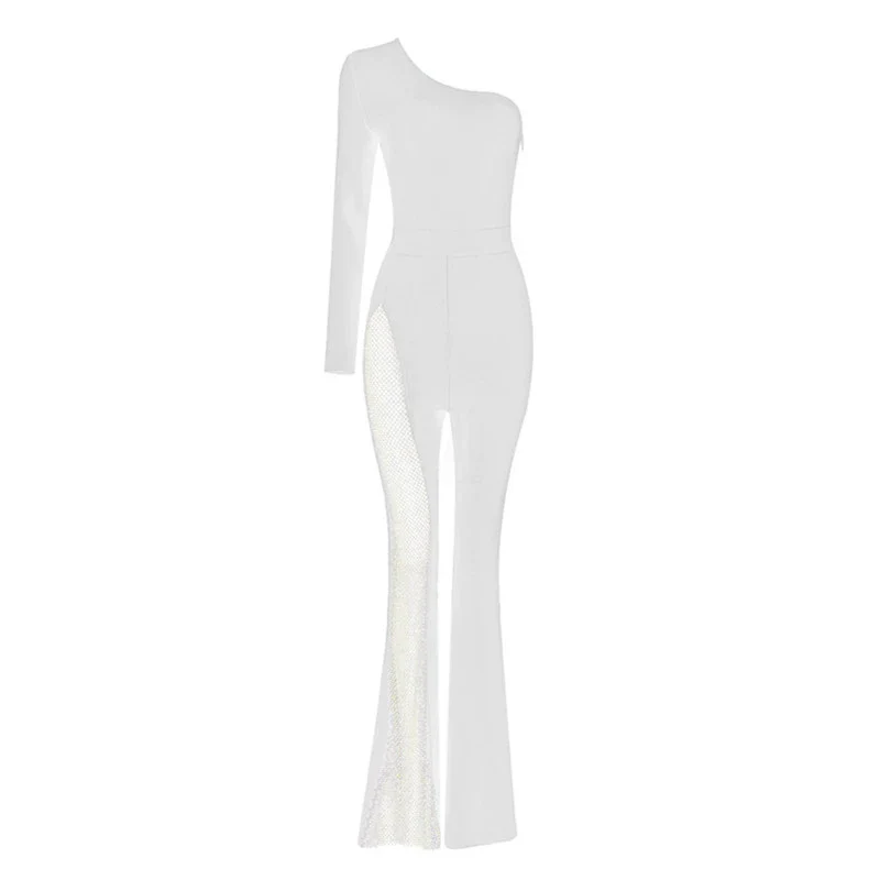 One-Shoulder Long-Sleeve Small Horn Sexy See-through Jumpsuit - Image 8