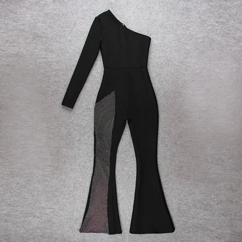 One-Shoulder Long-Sleeve Small Horn Sexy See-through Jumpsuit - Image 9
