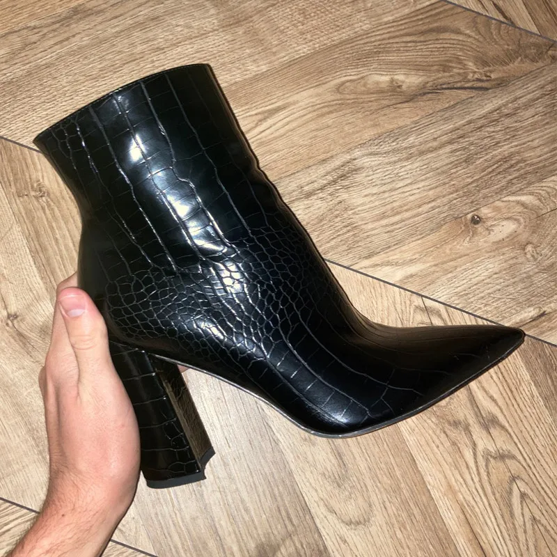 Onlymaker Women Ankle Boots Pointed Toe 10CM High Heels Thick Soft Autumn Winter Pattern Chunky Zipper Booties Big Size - Image 8