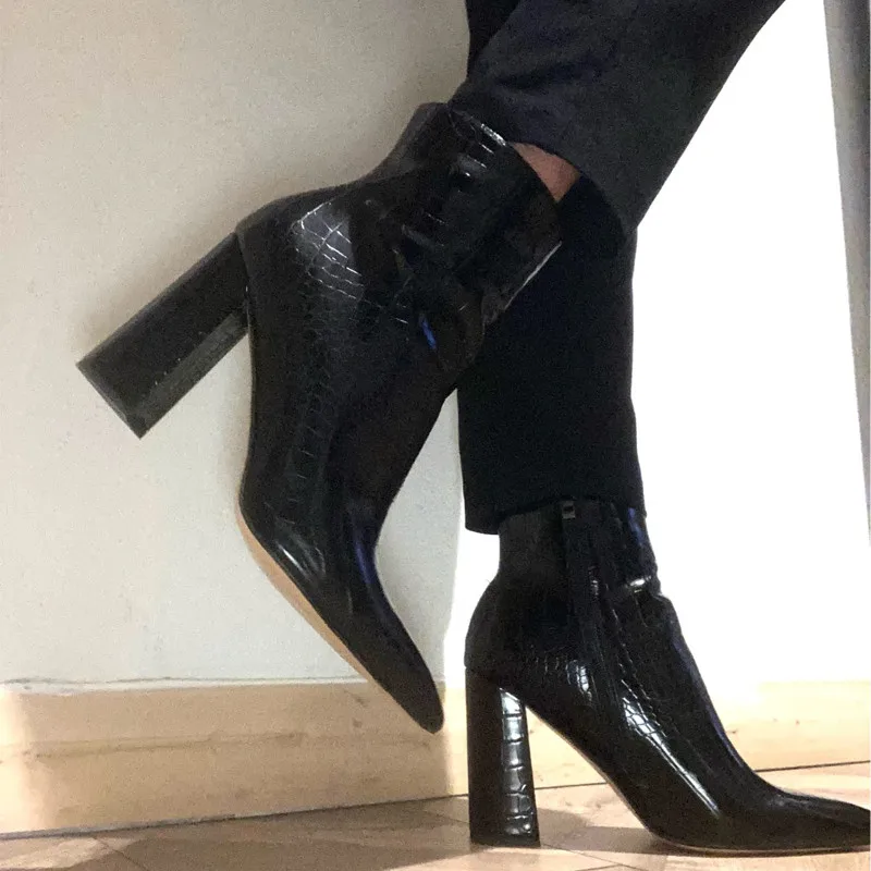 Onlymaker Women Ankle Boots Pointed Toe 10CM High Heels Thick Soft Autumn Winter Pattern Chunky Zipper Booties Big Size - Image 9