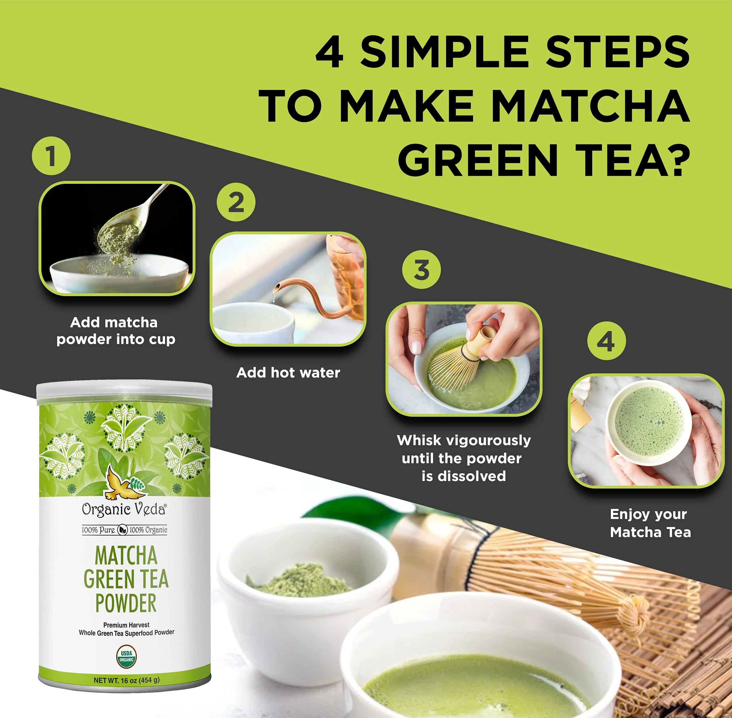 Organic Veda Matcha Green Tea Powder, Culinary Grade, USDA Certified Organic | Antioxidant Dense, 100% Pure Whole Fresh Green Tea Leaves | Face Mask, Beauty, Cooking, Baking & Latte - Image 3