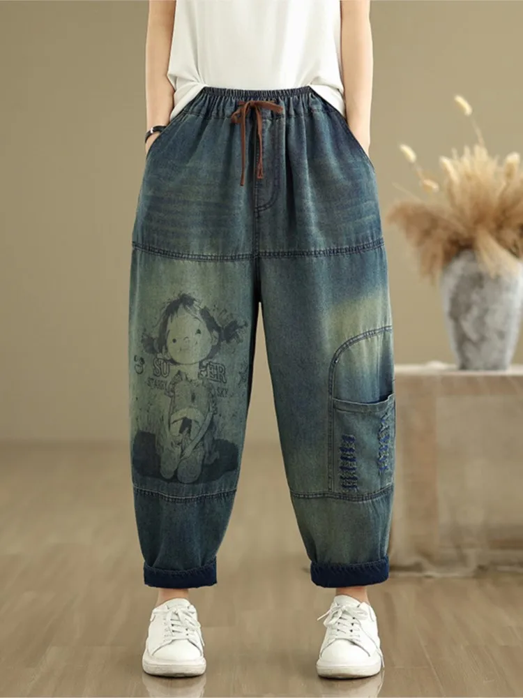 Oversized Jeans Spring Summer Pant Women Elastic High Waist Fashion Print Ladies Trousers Loose Woman Harem Pants - Image 2