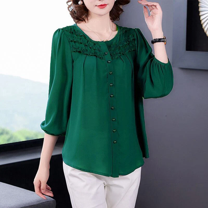 Oversized Nine Quarter Sleeve Chiffon Blusas For Mom Summer Causal Camisas Korean Fashion Top Chic Elegant Blouse Loose Shirt - Image 2