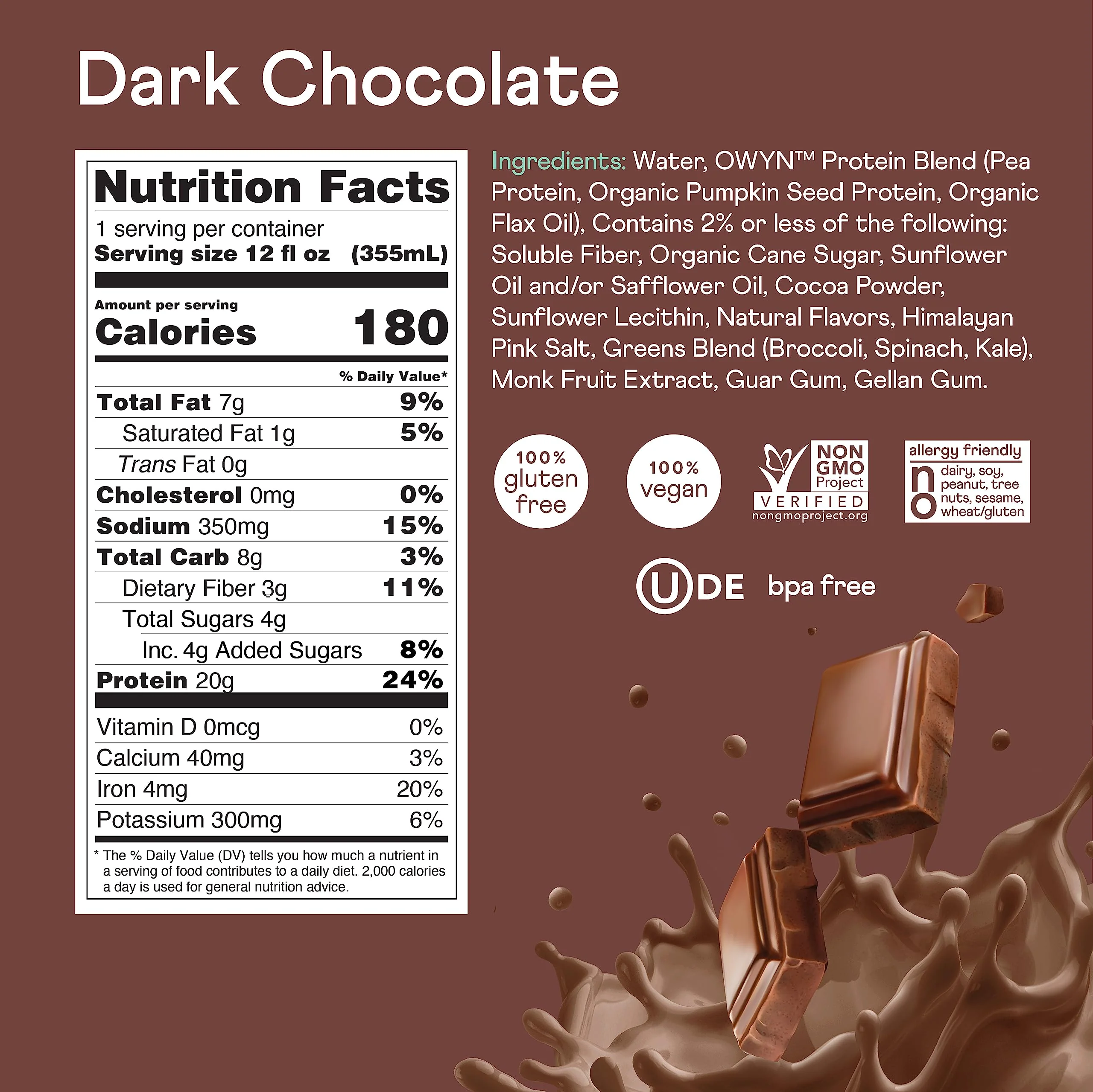 Owyn Plant Based Protein Shake, 20g Vegan Protein from Organic Pumpkin Seed, Flax, Pea Blend, Prebiotic Supplement, Superfood Greens, All-in-one Nutrition, Gluten & Soy-Free (Dark Chocolate, 12 Pack) - Image 2