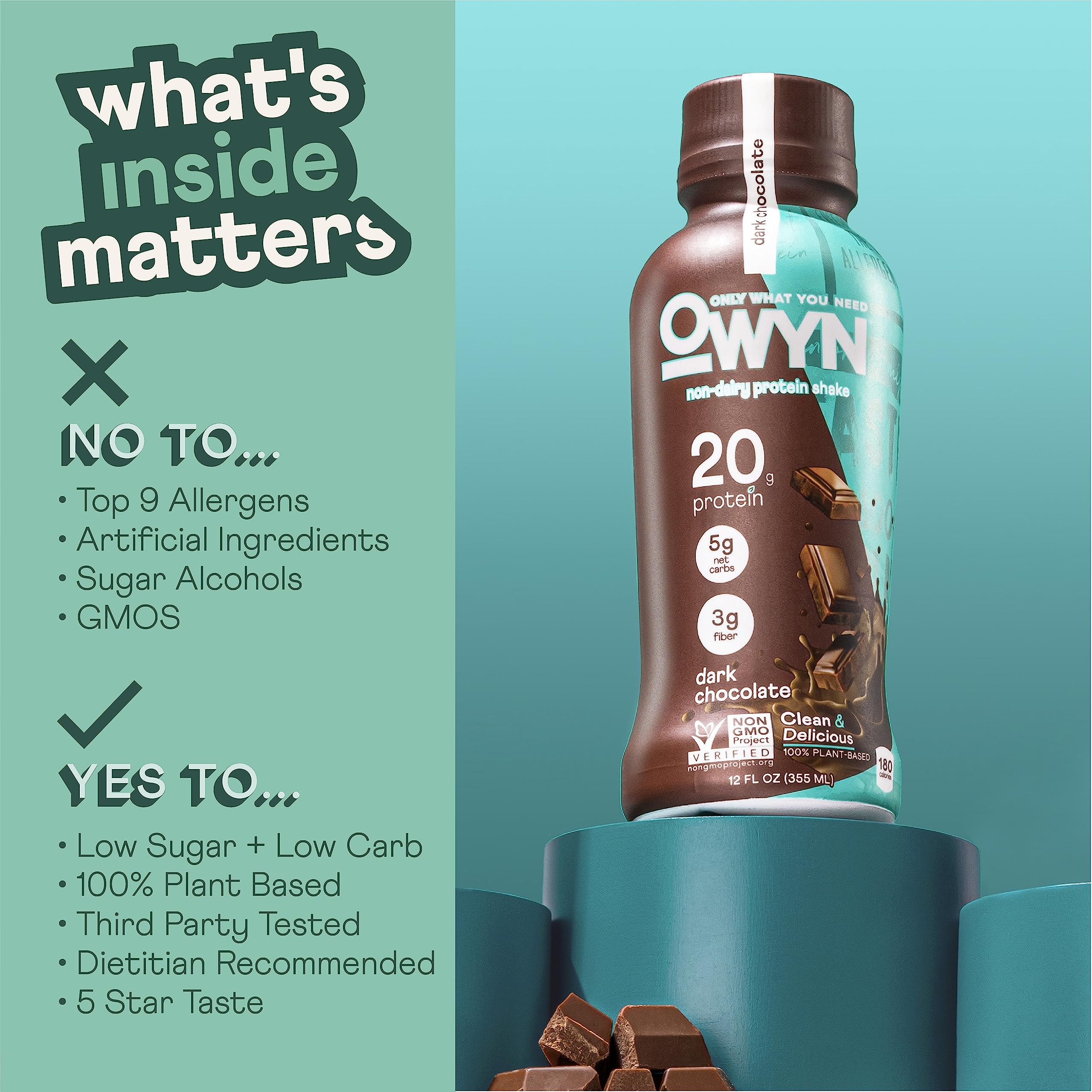 Owyn Plant Based Protein Shake, 20g Vegan Protein from Organic Pumpkin Seed, Flax, Pea Blend, Prebiotic Supplement, Superfood Greens, All-in-one Nutrition, Gluten & Soy-Free (Dark Chocolate, 12 Pack) - Image 3