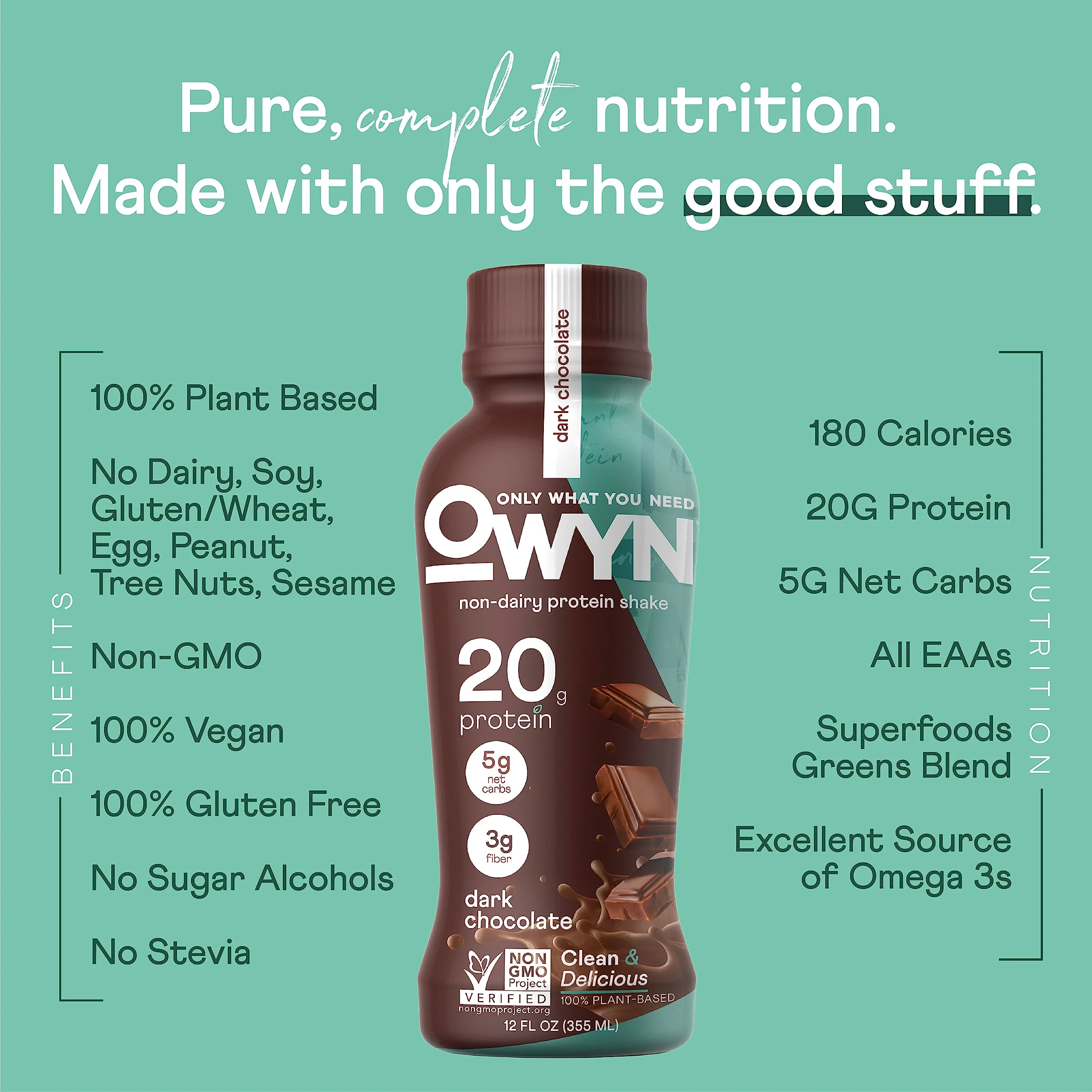 Owyn Plant Based Protein Shake, 20g Vegan Protein from Organic Pumpkin Seed, Flax, Pea Blend, Prebiotic Supplement, Superfood Greens, All-in-one Nutrition, Gluten & Soy-Free (Dark Chocolate, 12 Pack) - Image 4