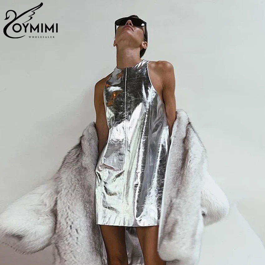 Oymimi Sexy Slim Sliver Pu Leather Dress Ladies Bodycon O-Neck Sleeveless Dress Elegant Classicc Party Dresses For Women 2023 - Image 15