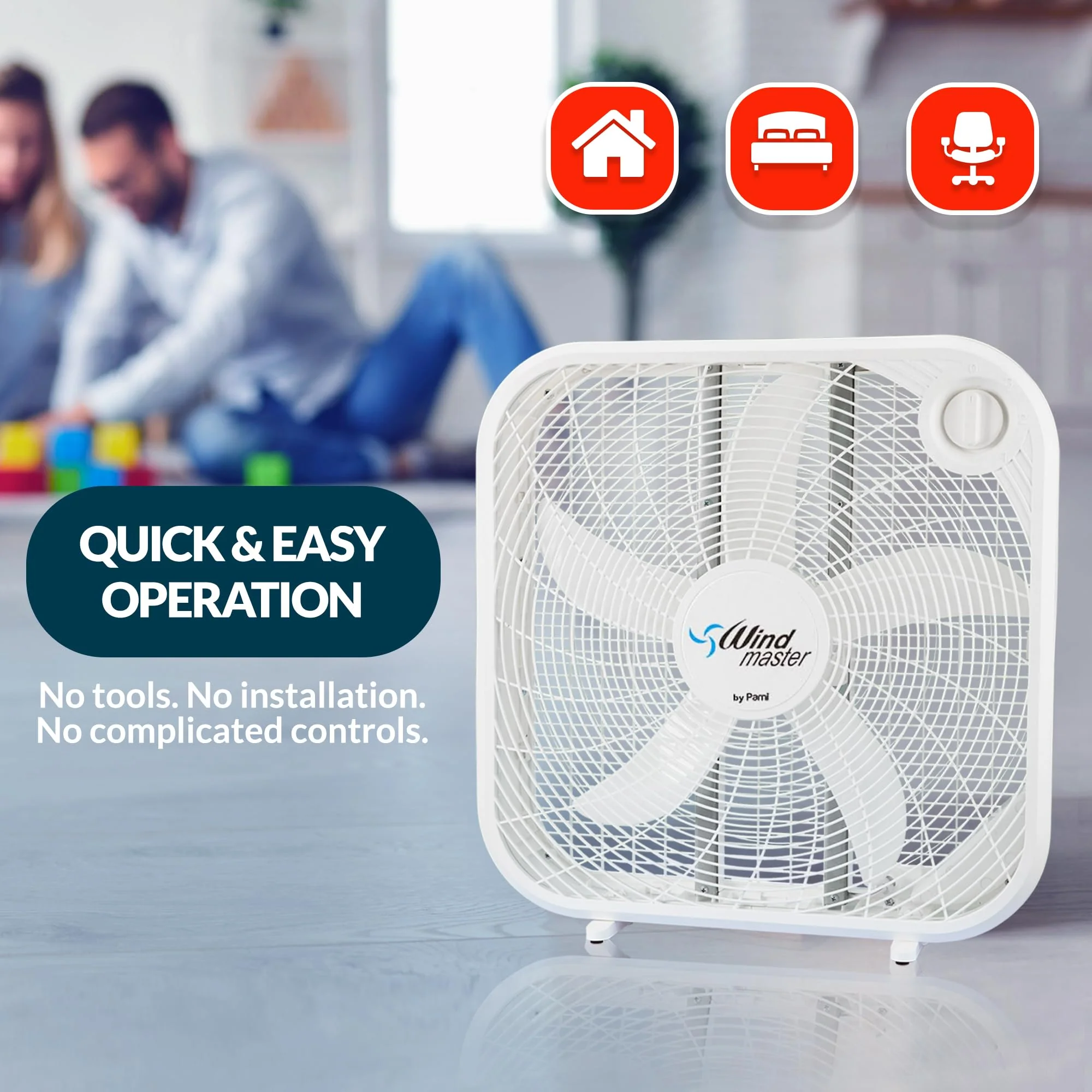 PAMI 20” High-Performance Box Fan - Portable Floor Fan With 3 Speed Levels & Carry Handle- Cooling Air Flow Technology Standing Room Fan- Electric Cooling Fan For Bedroom Home Dorm Office, White - Image 2