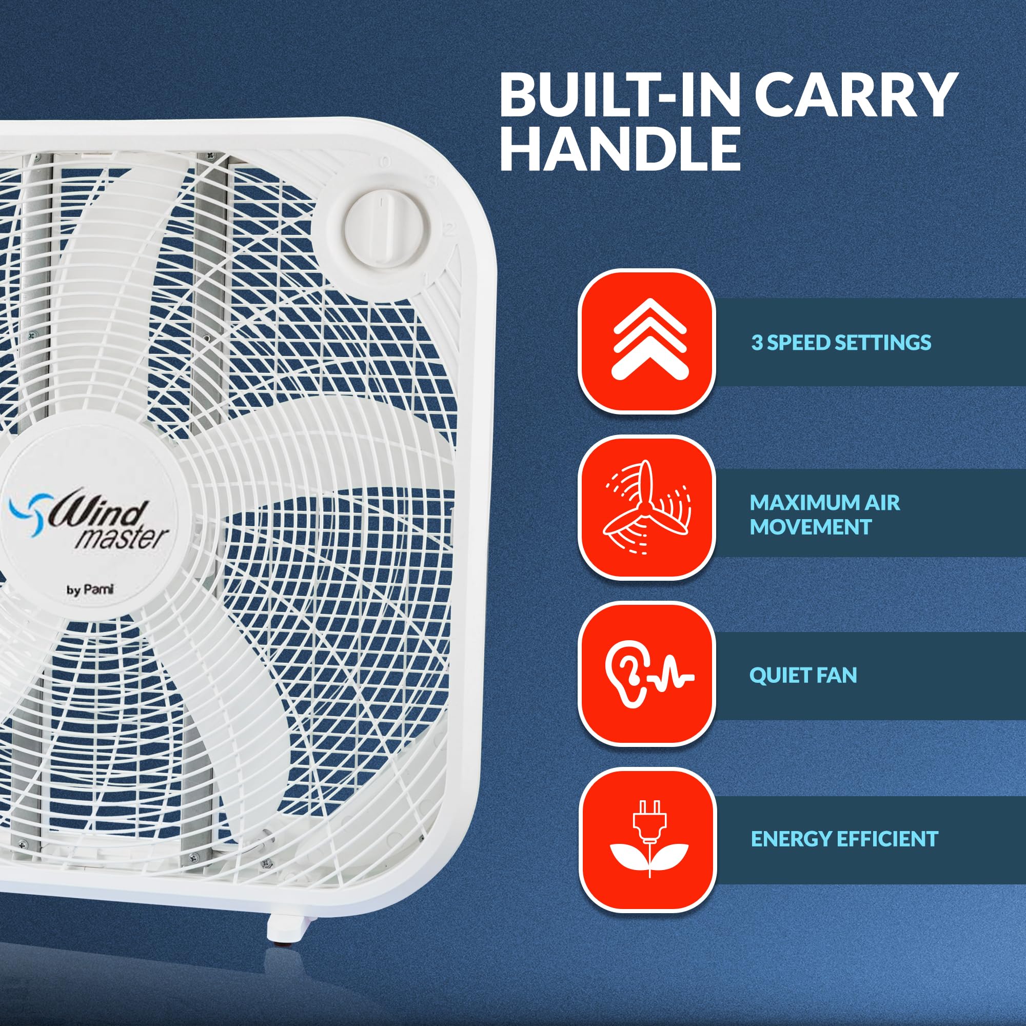 PAMI 20” High-Performance Box Fan - Portable Floor Fan With 3 Speed Levels & Carry Handle- Cooling Air Flow Technology Standing Room Fan- Electric Cooling Fan For Bedroom Home Dorm Office, White - Image 4