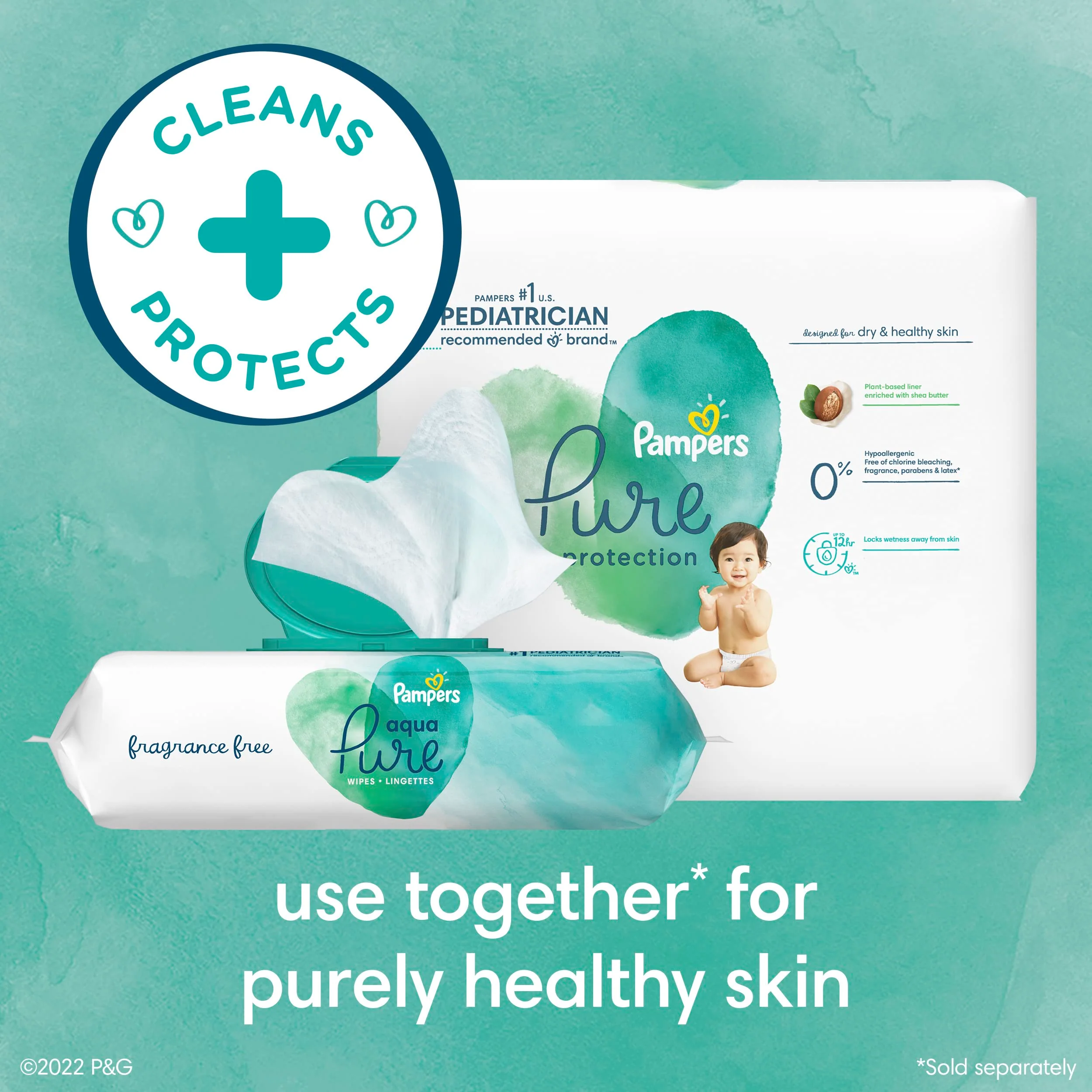 Pampers Aqua Pure Sensitive Baby Wipes, 99% Water, Hypoallergenic, Unscented, 12 Flip-Top Packs (672 Wipes Total) - Image 2