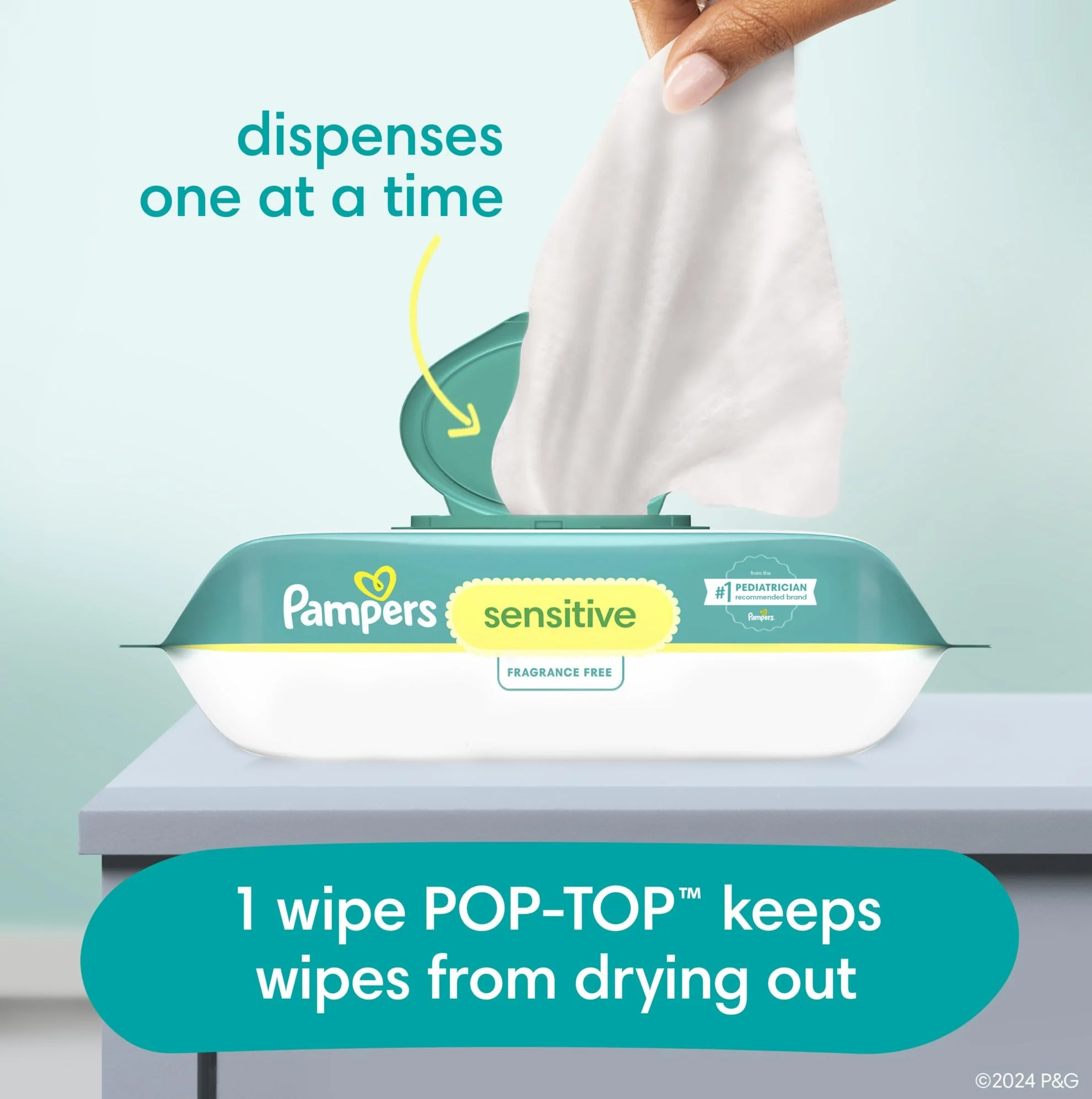 Pampers Sensitive Baby Wipes, Water Based, Hypoallergenic and Unscented, 8 Flip-Top Packs (672 Wipes Total) - Image 3