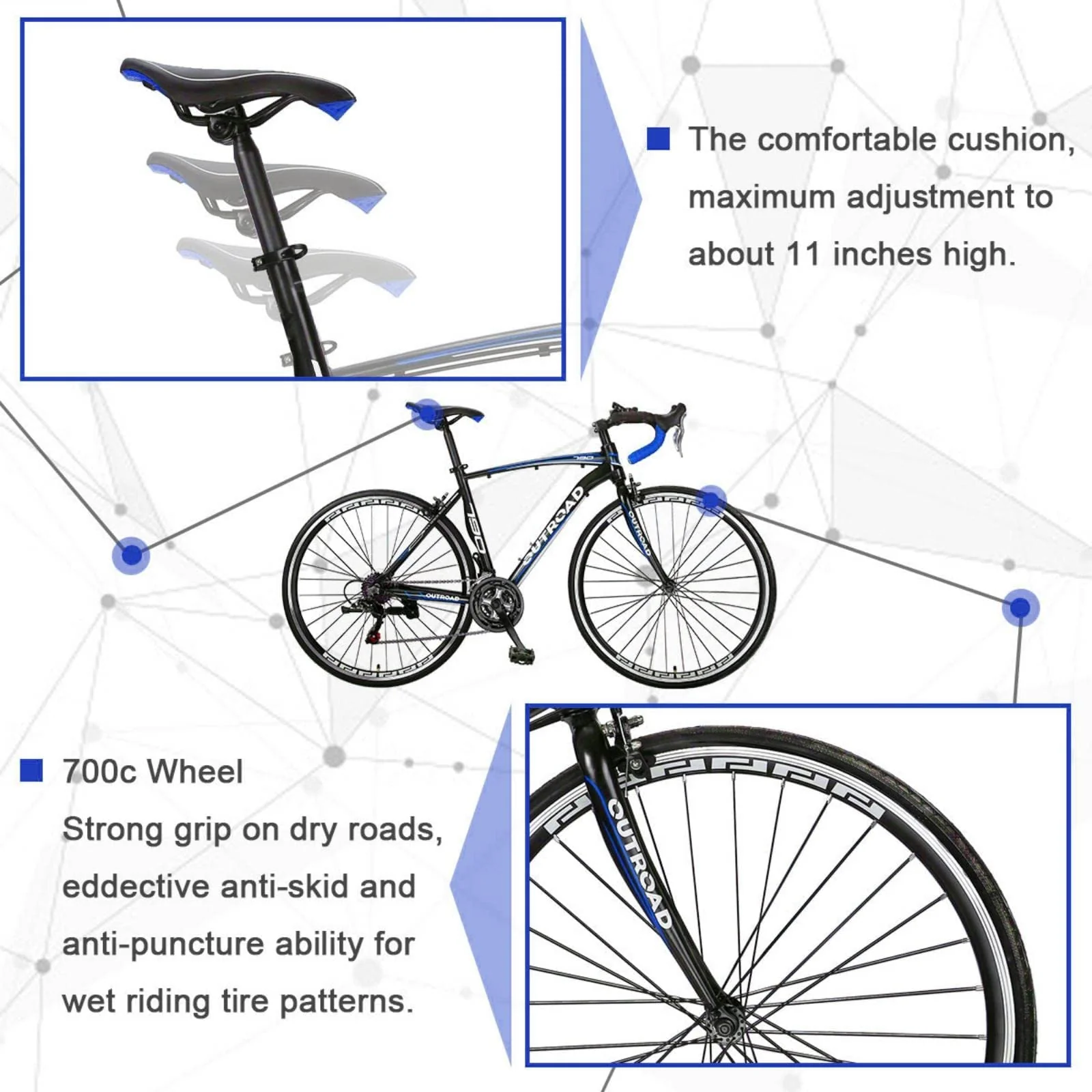 PanAme 14-21 Speed Road Bike with Light Aluminum Alloy Frame, 700C Wheel Commuter Bicycle with Dual V Brakes for Men and Women, Adult Faster Racing Bike (Black, Red, Blue, White)… (FT-Blue) - Image 5