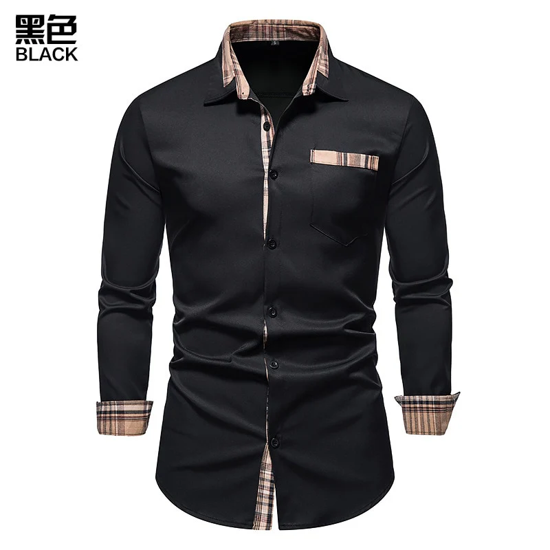 PARKLEES 2023 Autumn Plaid Patchwork Formal Shirts for Men Slim Long Sleeve White Button Up Shirt Dress Business Office Camisas - Image 13
