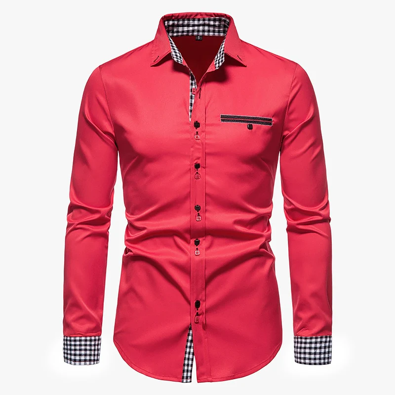 PARKLEES 2023 Autumn Plaid Patchwork Formal Shirts for Men Slim Long Sleeve White Button Up Shirt Dress Business Office Camisas - Image 15