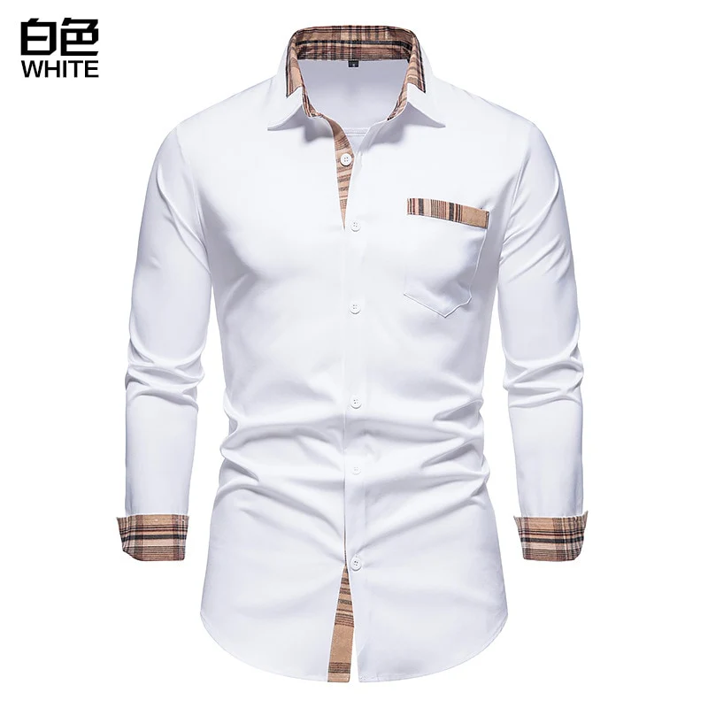 PARKLEES 2023 Autumn Plaid Patchwork Formal Shirts for Men Slim Long Sleeve White Button Up Shirt Dress Business Office Camisas - Image 3