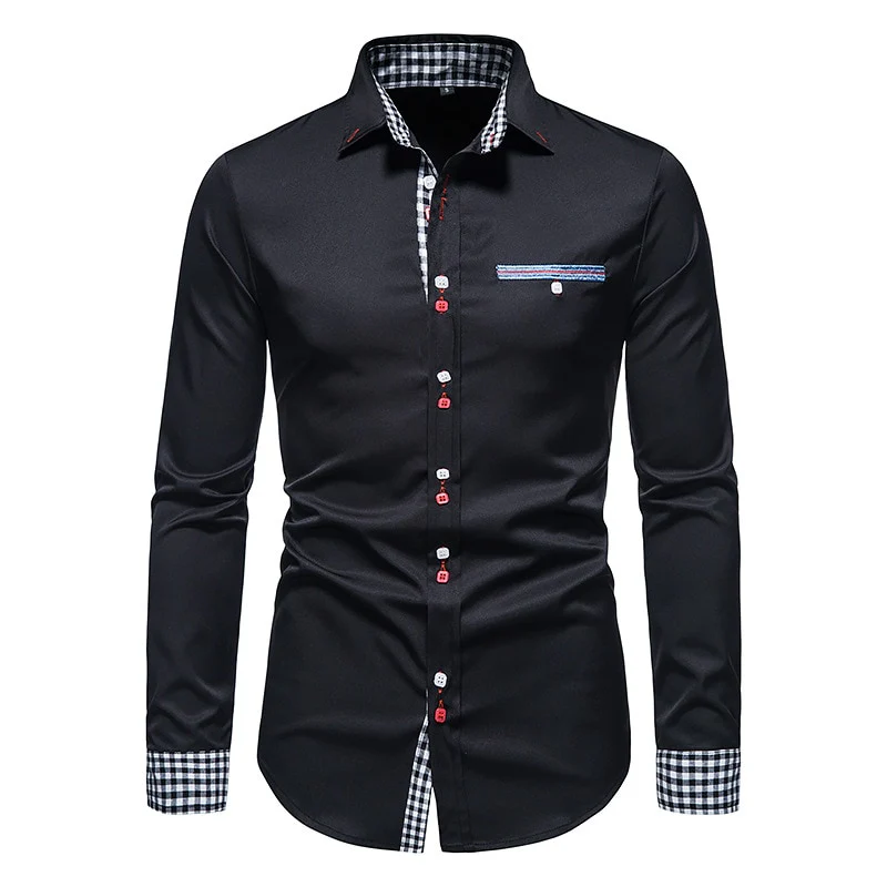 PARKLEES 2023 Autumn Plaid Patchwork Formal Shirts for Men Slim Long Sleeve White Button Up Shirt Dress Business Office Camisas - Image 5