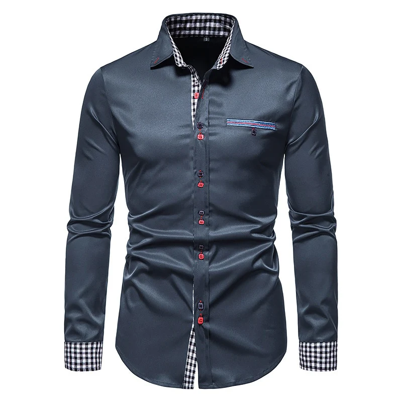PARKLEES 2023 Autumn Plaid Patchwork Formal Shirts for Men Slim Long Sleeve White Button Up Shirt Dress Business Office Camisas - Image 6
