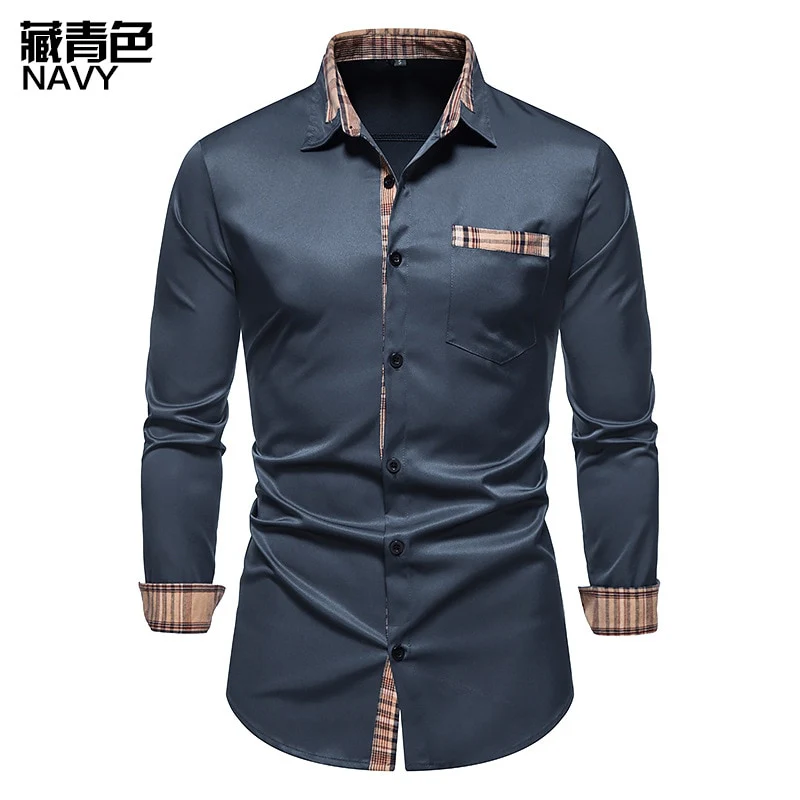 PARKLEES 2023 Autumn Plaid Patchwork Formal Shirts for Men Slim Long Sleeve White Button Up Shirt Dress Business Office Camisas - Image 7