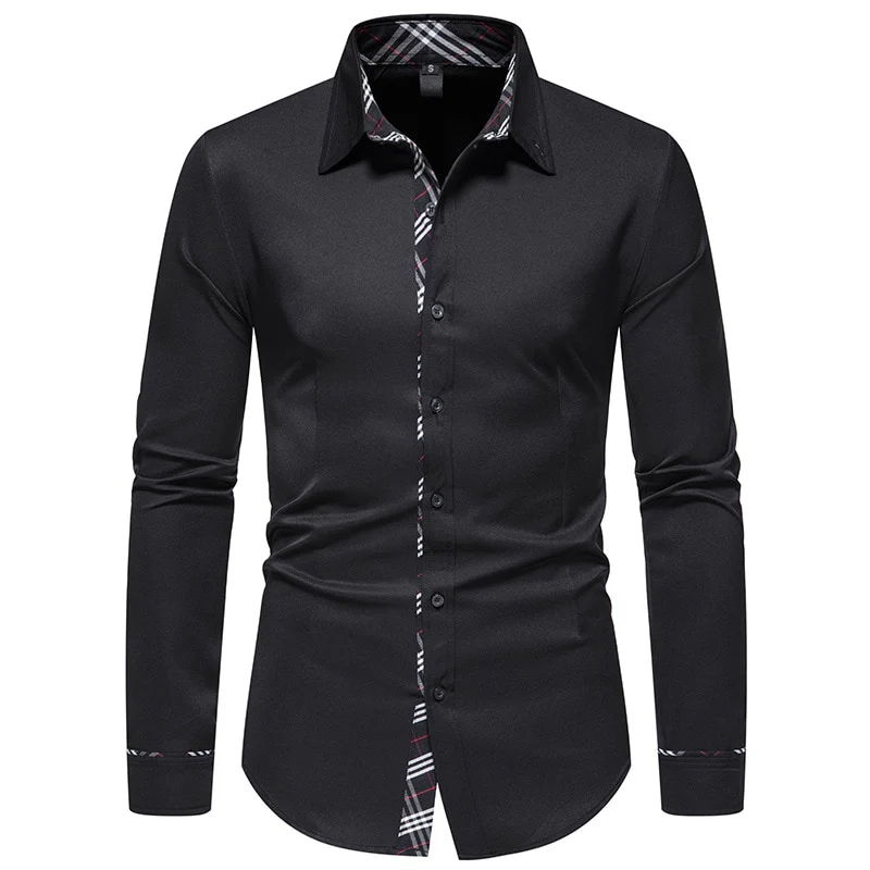 PARKLEES 2023 Autumn Plaid Patchwork Formal Shirts for Men Slim Long Sleeve White Button Up Shirt Dress Business Office Camisas - Image 9