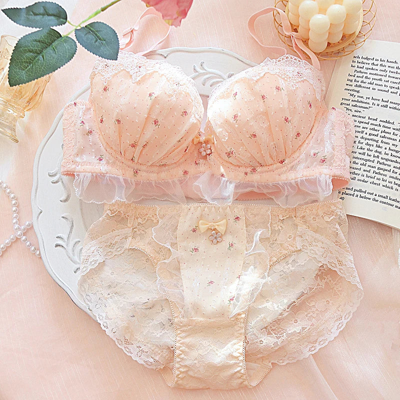 Pastoral Girl Japanese Bra Underwear Set Embroidered Flower Lace Lingerie Small Flower Steel Ring Bralette Sets Large Size - Image 3
