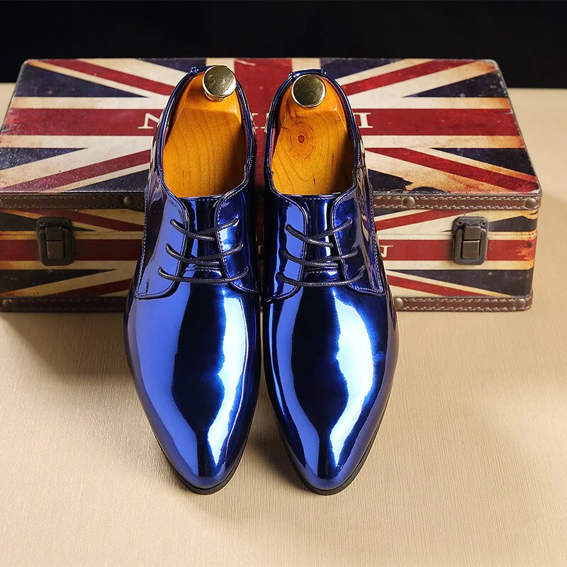 Patent Leather Men Wedding Shoes Gold Blue Red White Oxfords Shoes Designer Pointed Toe Dress Shoes Big Size 37-48 - Image 5
