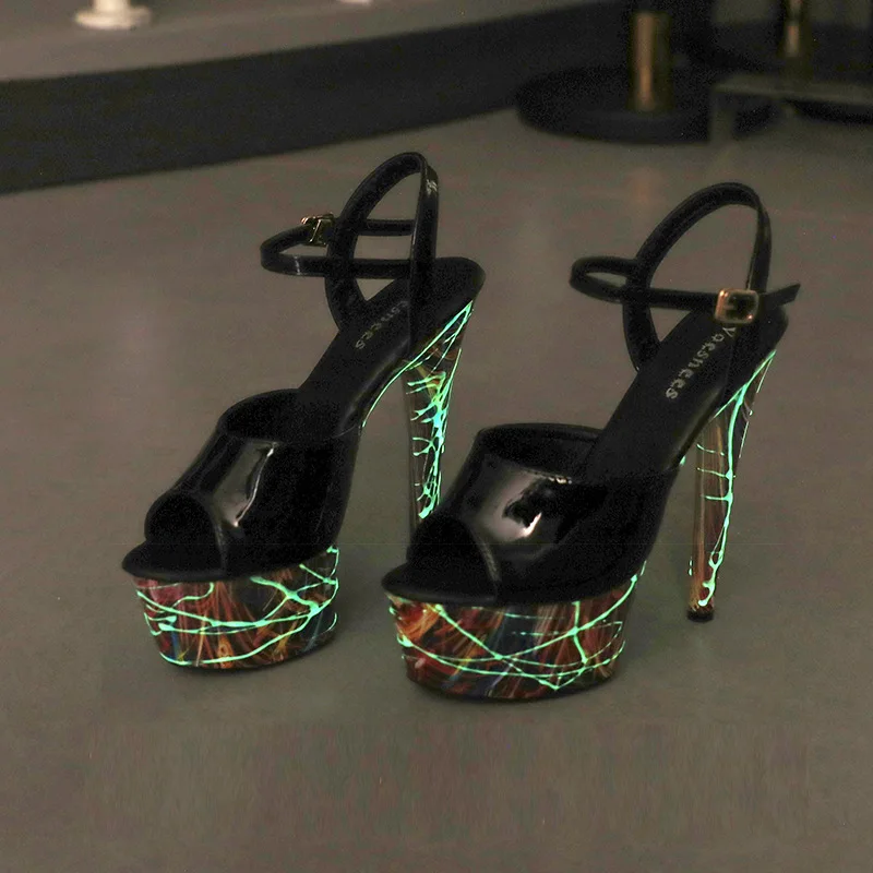 Patent Leather Stiletto High Heels Womens Platform Sandals Super High Pumps Fluorescence Punk Sandals Pole Dancing Shoes Women - Image 2