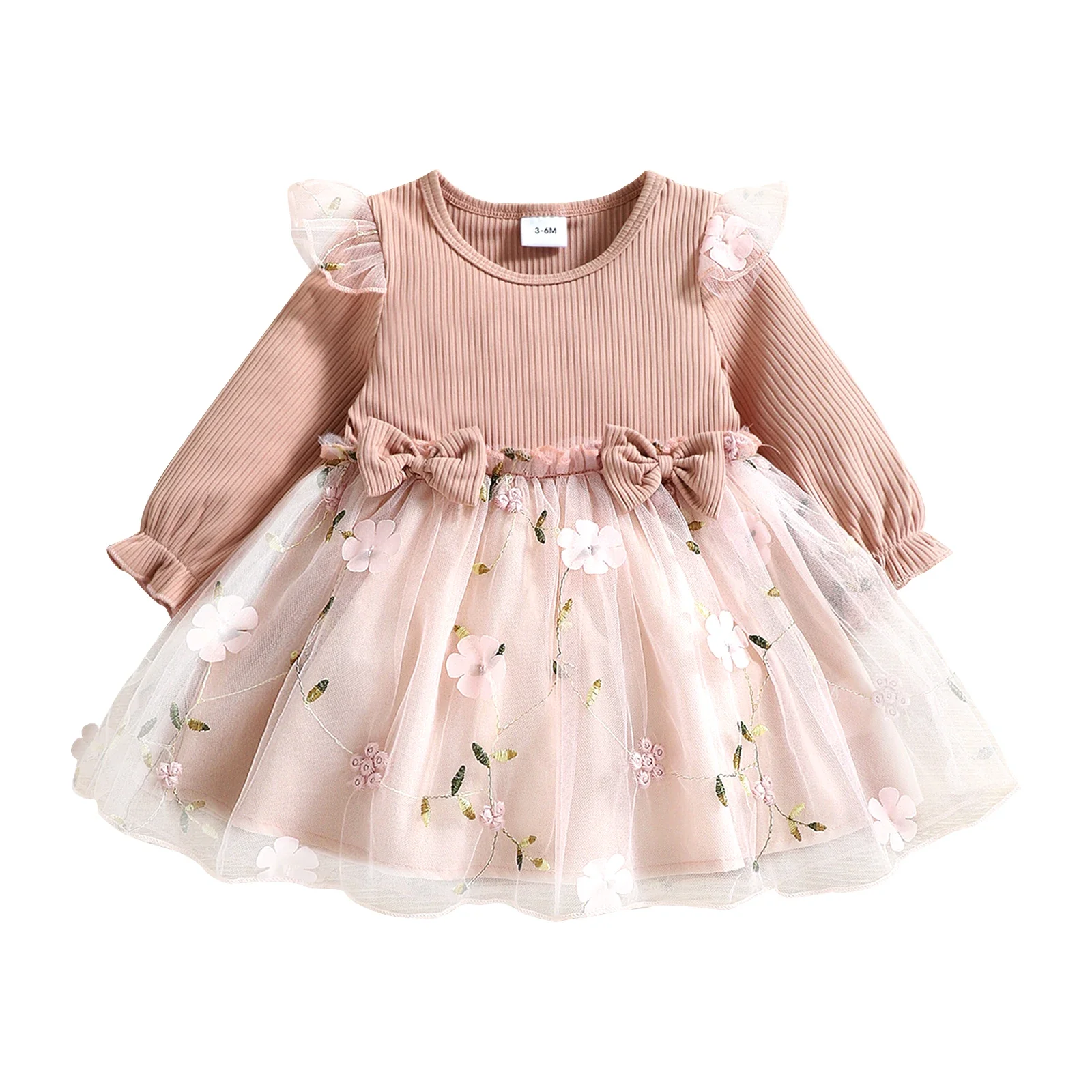 PatPat Baby Dress Baby Girl Clothes New Born Infant Party Dresses Pink Ribbed Bowknot Floral Mesh for NewBorn Kids Birthday - Image 2