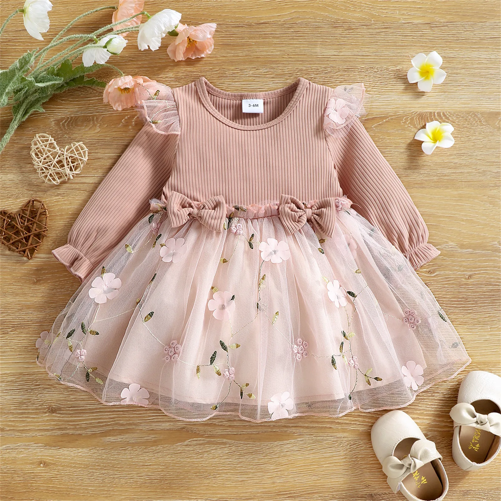 PatPat Baby Dress Baby Girl Clothes New Born Infant Party Dresses Pink Ribbed Bowknot Floral Mesh for NewBorn Kids Birthday - Image 3