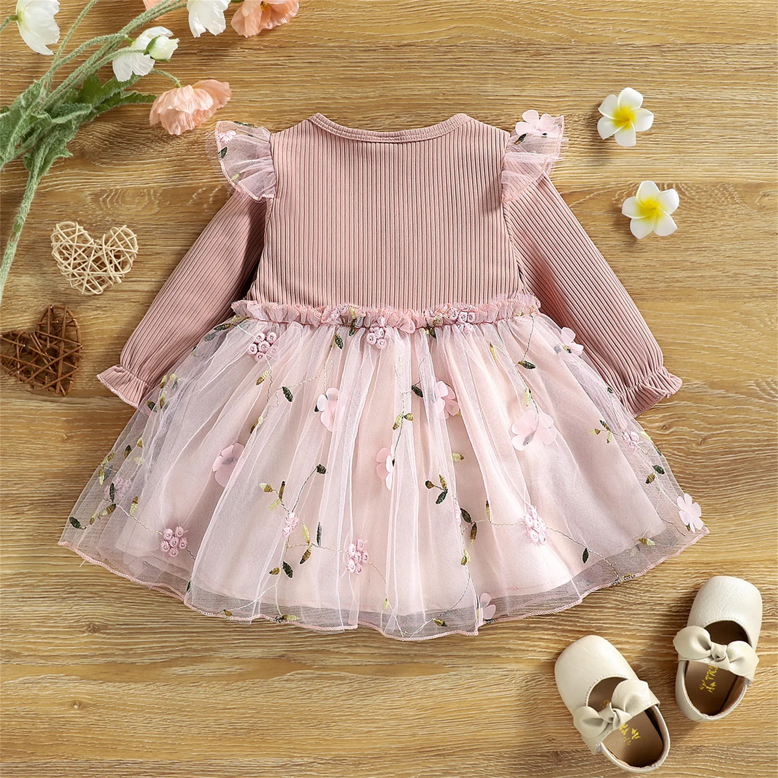 PatPat Baby Dress Baby Girl Clothes New Born Infant Party Dresses Pink Ribbed Bowknot Floral Mesh for NewBorn Kids Birthday - Image 4