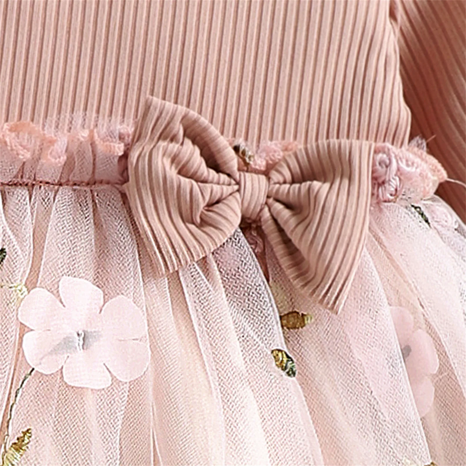 PatPat Baby Dress Baby Girl Clothes New Born Infant Party Dresses Pink Ribbed Bowknot Floral Mesh for NewBorn Kids Birthday - Image 6