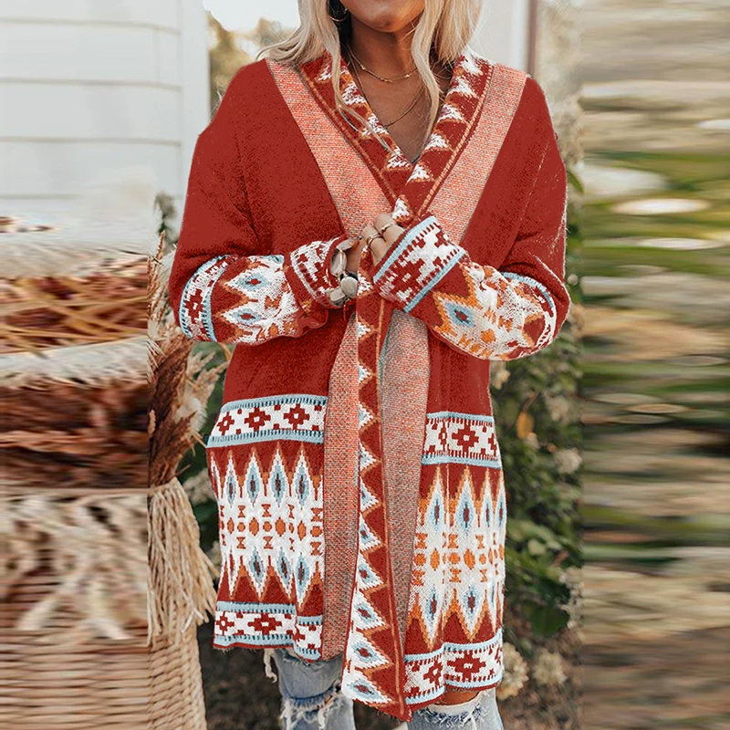 Pattern European and American Style Mid Length Long Length Outwear Knitting Cardigan - Image 12