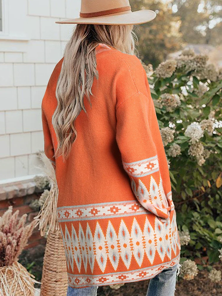 Pattern European and American Style Mid Length Long Length Outwear Knitting Cardigan - Image 5
