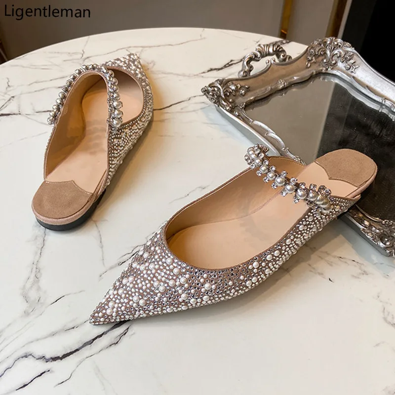 Pearl Slippers Shoes Women Basic 2023 Summer Flock Shiny Rhinestones Pointed Toe Flats Pearl Slippers Fashion Party Women Shoes - Image 11