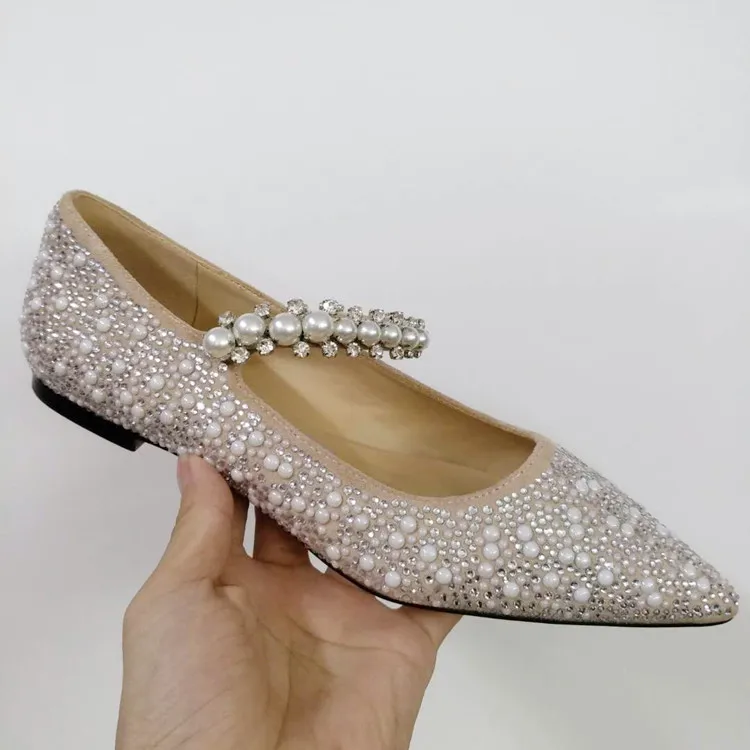 Pearl Slippers Shoes Women Basic 2023 Summer Flock Shiny Rhinestones Pointed Toe Flats Pearl Slippers Fashion Party Women Shoes - Image 2