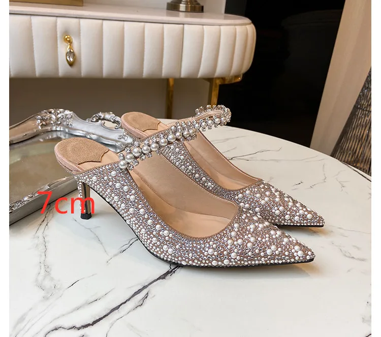 Pearl Slippers Shoes Women Basic 2023 Summer Flock Shiny Rhinestones Pointed Toe Flats Pearl Slippers Fashion Party Women Shoes - Image 3
