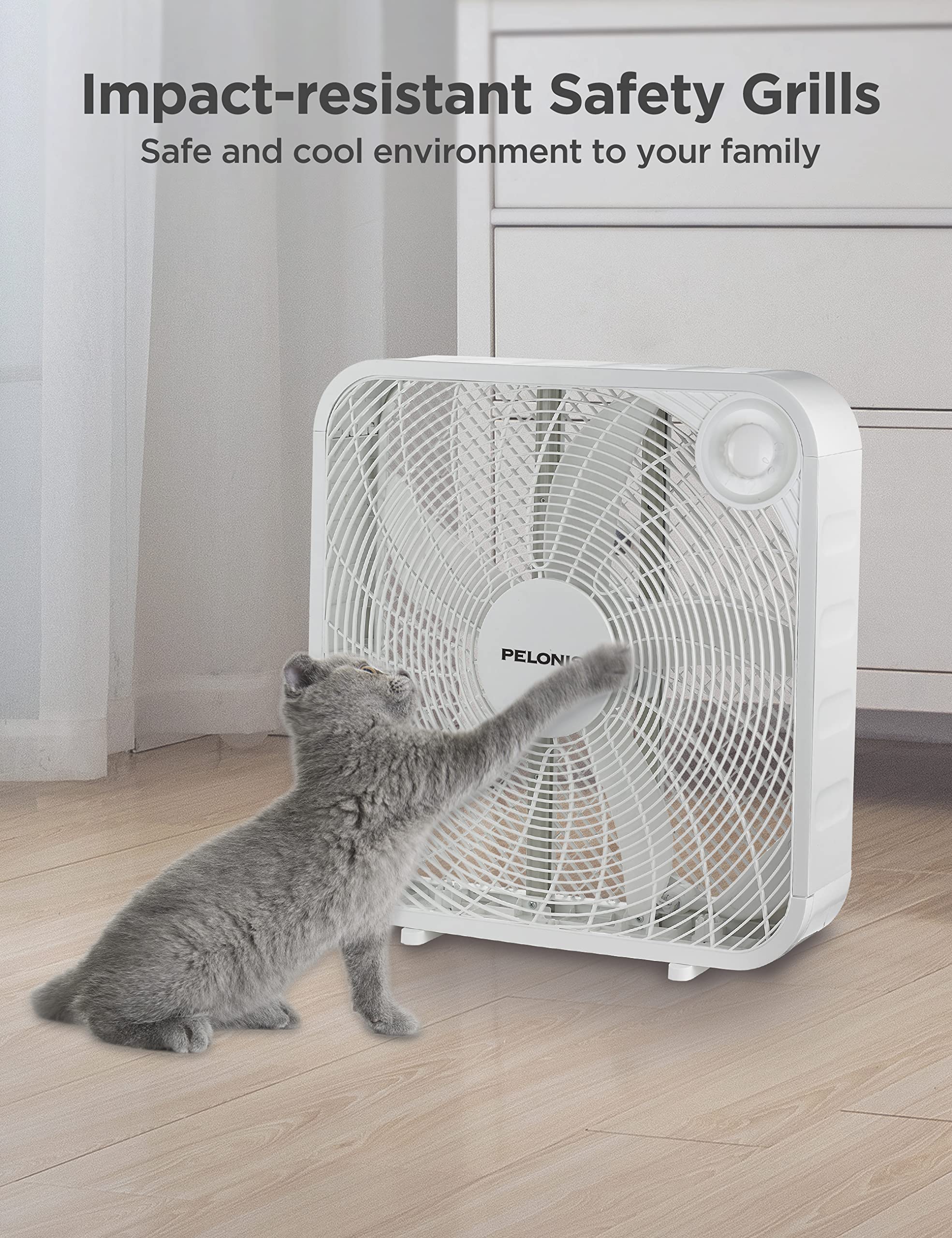 PELONIS 3-Speed Box Fan for Full-Force Circulation with Air Conditioner, White - Image 4