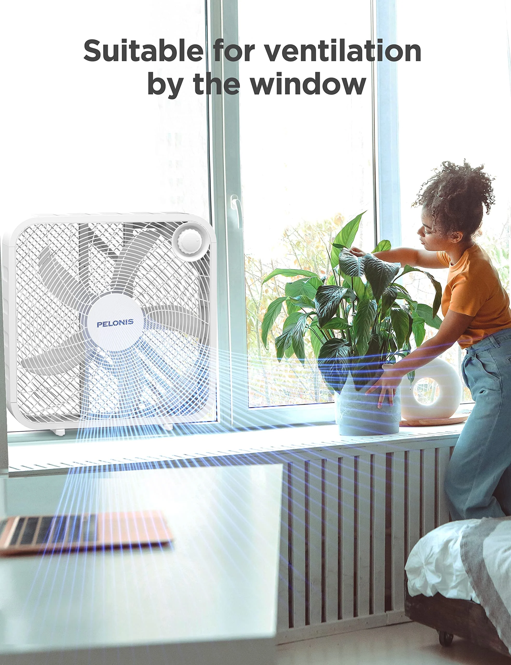 PELONIS 3-Speed Box Fan for Full-Force Circulation with Air Conditioner, White - Image 5