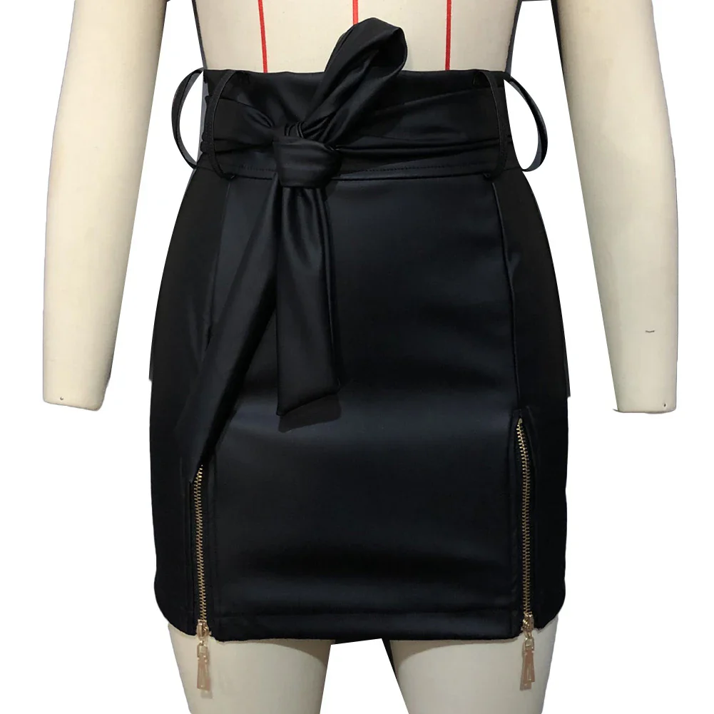Pencil Mini Skirts High Waist Black PU Leather Split Sheath Wrap Skirts Faux Leather Zippers High Waist Belt Mini Skirt - Image 4
