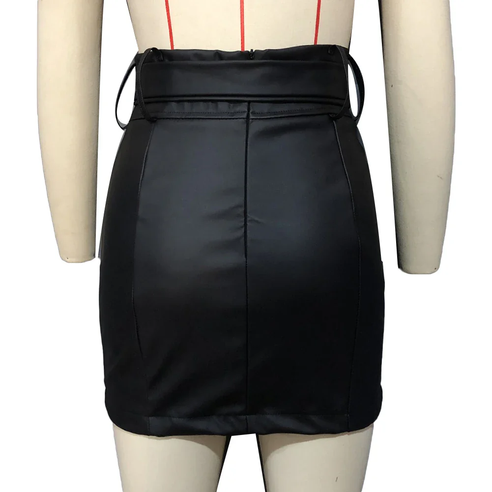 Pencil Mini Skirts High Waist Black PU Leather Split Sheath Wrap Skirts Faux Leather Zippers High Waist Belt Mini Skirt - Image 5