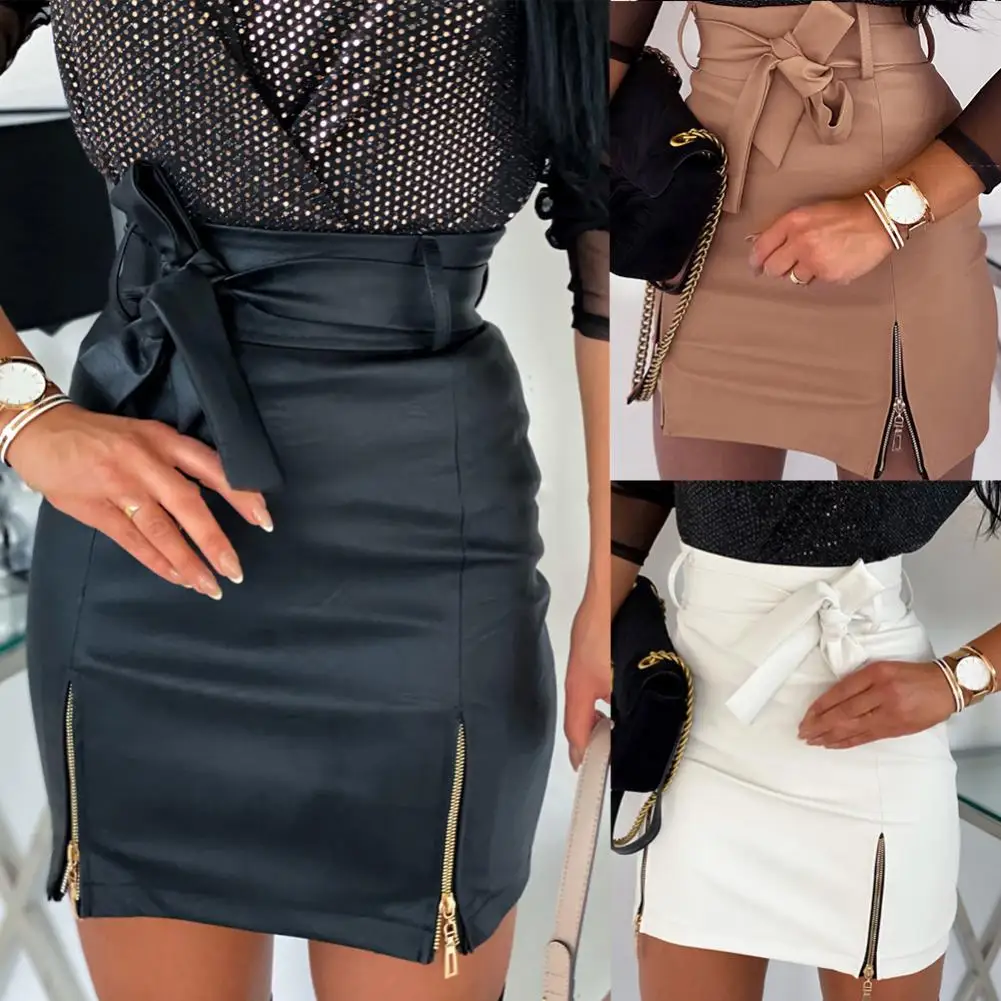 Pencil Mini Skirts High Waist Black PU Leather Split Sheath Wrap Skirts Faux Leather Zippers High Waist Belt Mini Skirt - Image 6