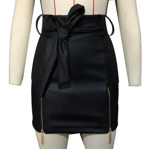 Pencil Mini Skirts High Waist Black PU Leather Split Sheath Wrap Skirts Faux Leather Zippers High Waist Belt Mini Skirt - Image 8
