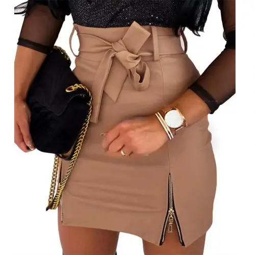 Pencil Mini Skirts High Waist Black PU Leather Split Sheath Wrap Skirts Faux Leather Zippers High Waist Belt Mini Skirt - Image 9