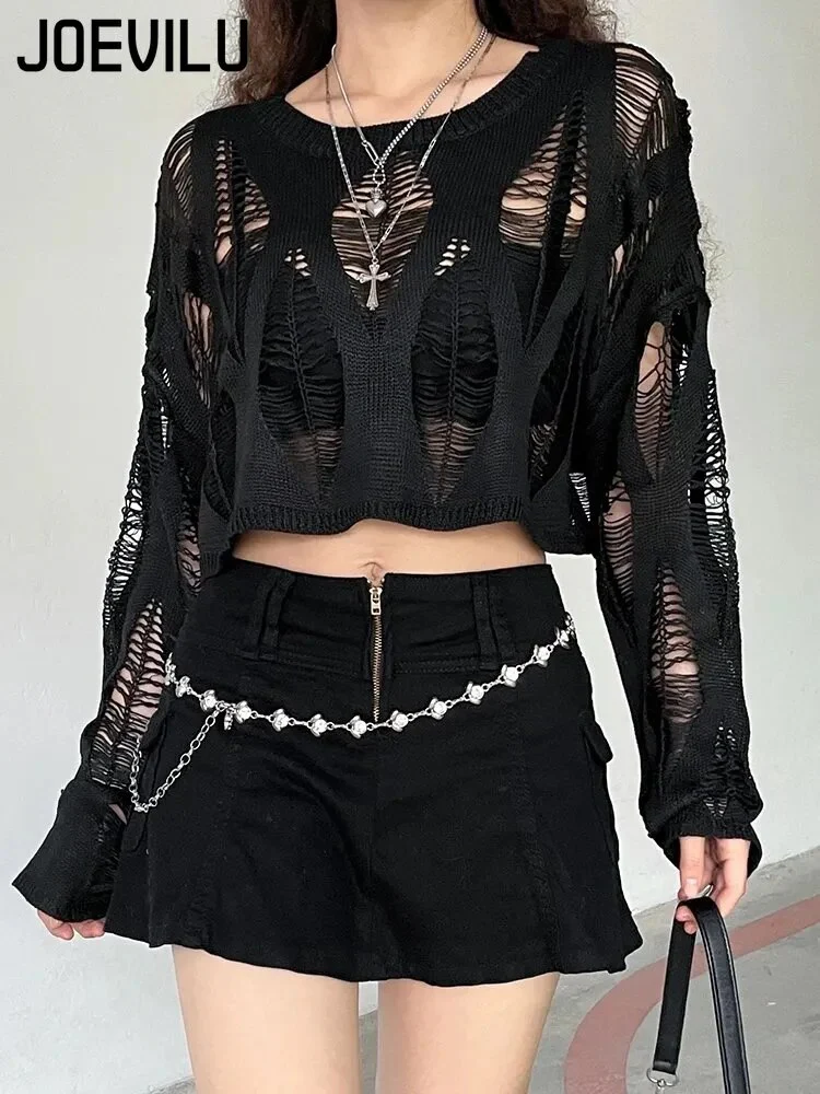 Perforated Hollow Out Knitted Blouse Sunscreen Long Sleeve Top Gothic Dark Black Sexy Thin Sweater Women's Summer Chic Crop Tops - Image 3