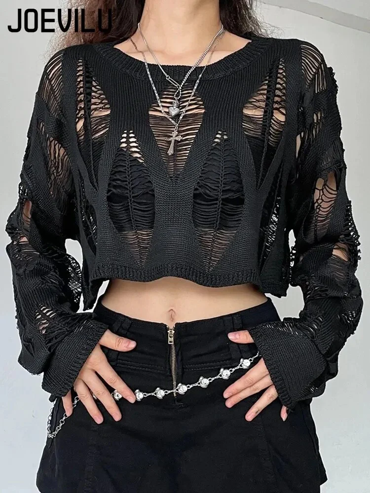 Perforated Hollow Out Knitted Blouse Sunscreen Long Sleeve Top Gothic Dark Black Sexy Thin Sweater Women's Summer Chic Crop Tops - Image 4