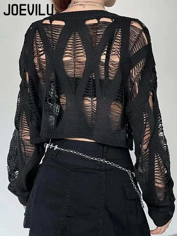 Perforated Hollow Out Knitted Blouse Sunscreen Long Sleeve Top Gothic Dark Black Sexy Thin Sweater Women's Summer Chic Crop Tops - Image 5